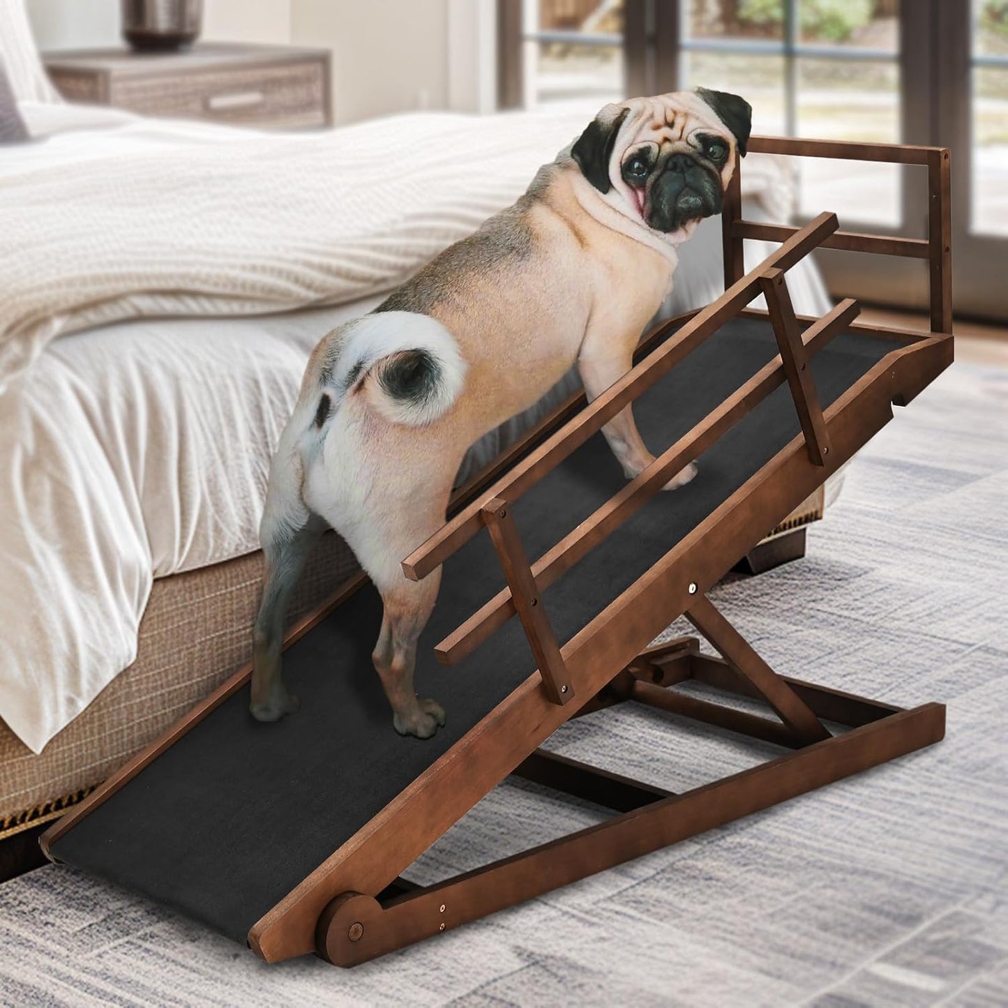 Dog Ramp, 5 Level Adjustable Wooden Folding Pet Ramp for Middle Bed, Couch,SUV-High Traction, Portable Paw Ramps for Small & Large Old Dogs & Cats - Furniture Quality - Pet Explorer