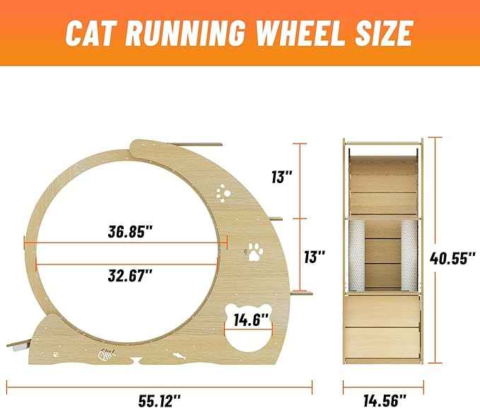 Cat Running Wheel for Indoor Cats, Large 6-in-1 Cat Treadmill with Bowls, Scratch Post & Resting House, Quiet Cats Wheel Exerciser for Kitty Fitness Wood Color