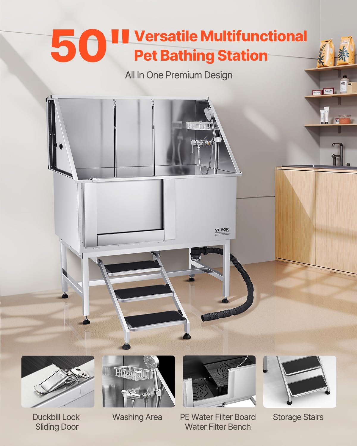 VEVOR Stainless Steel Dog Washing Station, Professional 50 inch Pet Grooming Tub w/Stairs, PE Water Filter Board, Faucet & Showerhead & Soap Holder Bathtub for Large & Medium & Small Pets (Left Door) - Pet Explorer