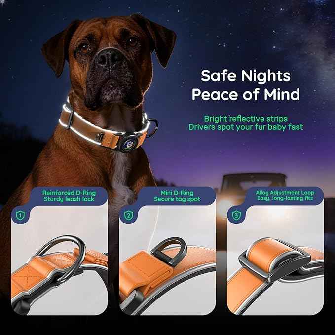WhoseID Premium Leather Dog Collar for Large Dogs - IPX8 Waterproof AirTag Dog Collar | Magnetic Buckle Heavy Duty Collar | 450LB Escape-Proof | Reflective Dog Collar with AirTag Holder