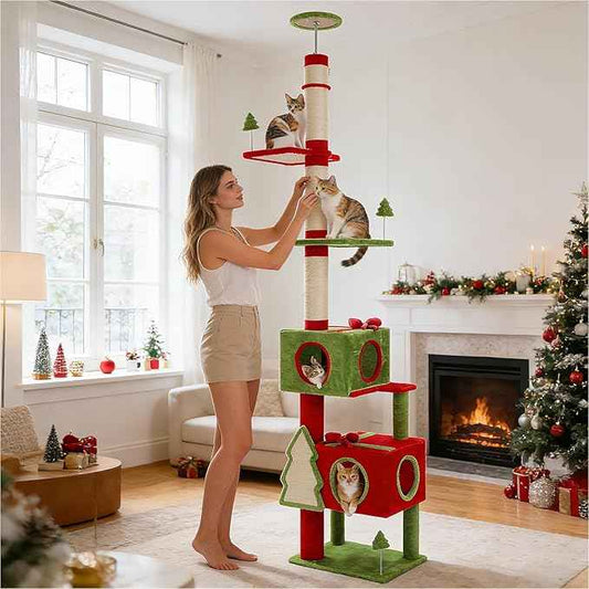 PEQULTI 90.9''-107.8'' Floor to Ceiling Cat Tree for Large Indoor Cats, Tall Christmas Cat Tower with 2 Spacious Condos, Bow Toy and Sisal-Covered Scratching Post & Pad Red/Green