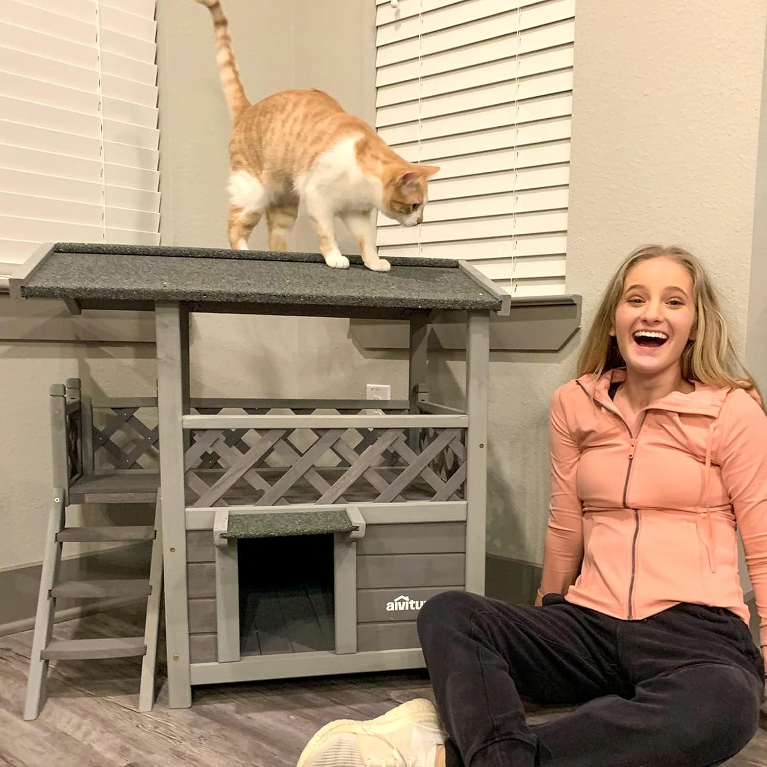 Aivituvin Cat House Outdoor Indoor Feral Kitty Shelter with Escape Door for Cats, Weatherproof Roof - Pet Explorer