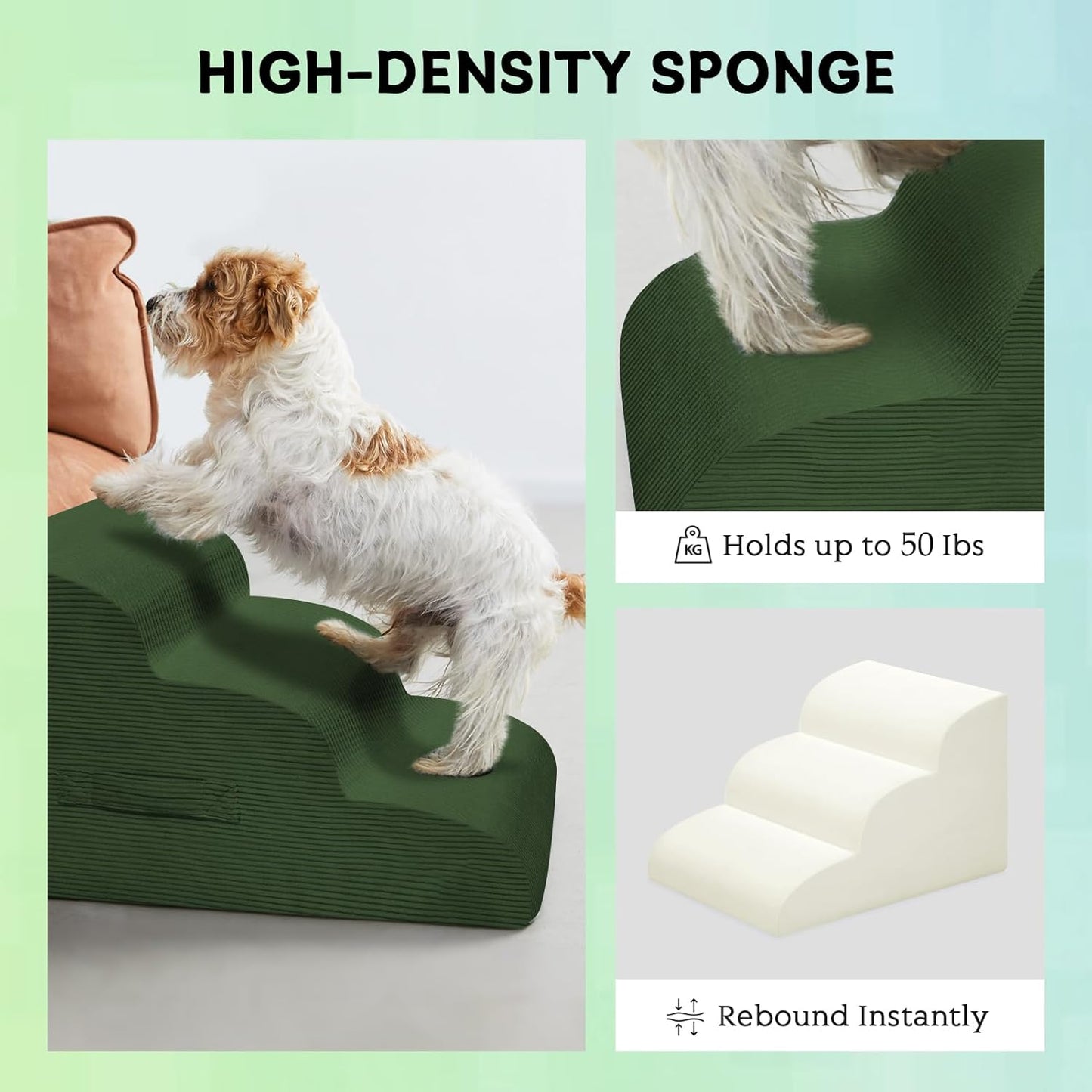 Dog Steps for Small Dogs, 3-Step Pet Ramp Stairs for High Beds and Sofa, Non-Slip Pet Stairs for Small Dogs and Cats, Removable and Easy to Clean Cover, Green - Pet Explorer