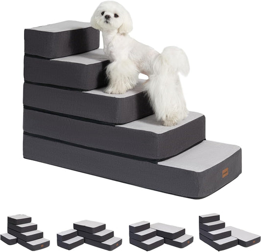 5-Step Adjustable Dog Stairs for High Beds, Dog Steps for Small Dogs and Cats, Foldable Pet Stairs for Bed Climbing, Non-Slip Pet Step Indoor, Grey - Pet Explorer