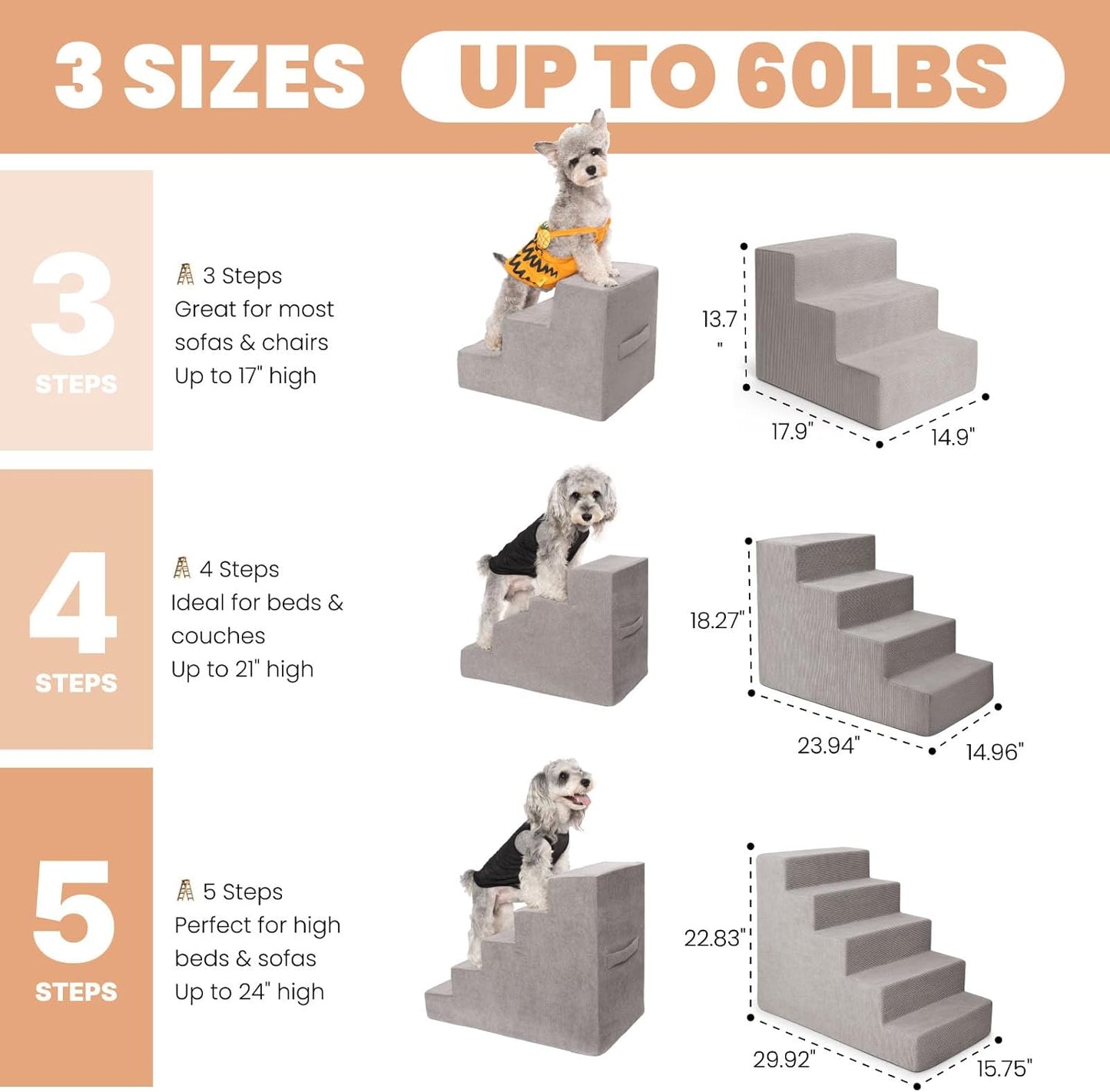 MEWANG Dog Stairs for Small & Medium Dogs and Old Cats –3/4/ 5 Steps High-Density Foam Pet Ramp for Bed & Couch, Non-Slip, Washable Cover, Grey (Square Corner, 3 Steps: 17.95''×14.96''×13.70'', 2) - Pet Explorer