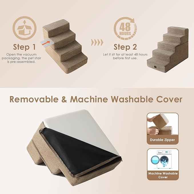 EHEYCIGA Dog Stairs for High Bed 22.5" H, 5-Step Dog Steps for Bed, Pet Steps for Small Dogs and Cats, Non-Slip Balanced Pet Ramp Indoor, Camel