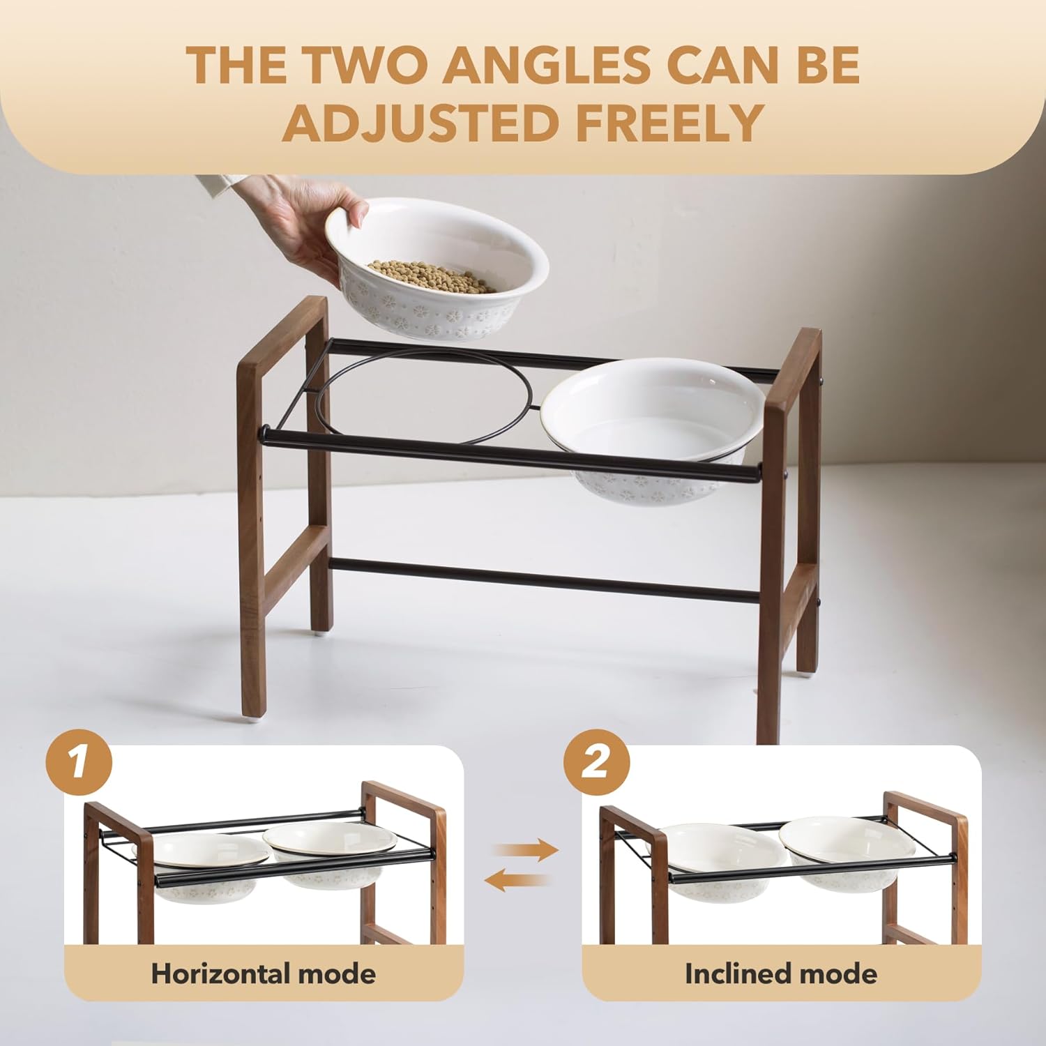 8.7inch Ceramic Adjustable Raised Double Bowls Set with Stand, 3 Heights Elevated, 2 Placement Options, Food and Water Dishes for Large Dog(Double Bowls+Stand, Reactived Glaze -White) - Pet Explorer