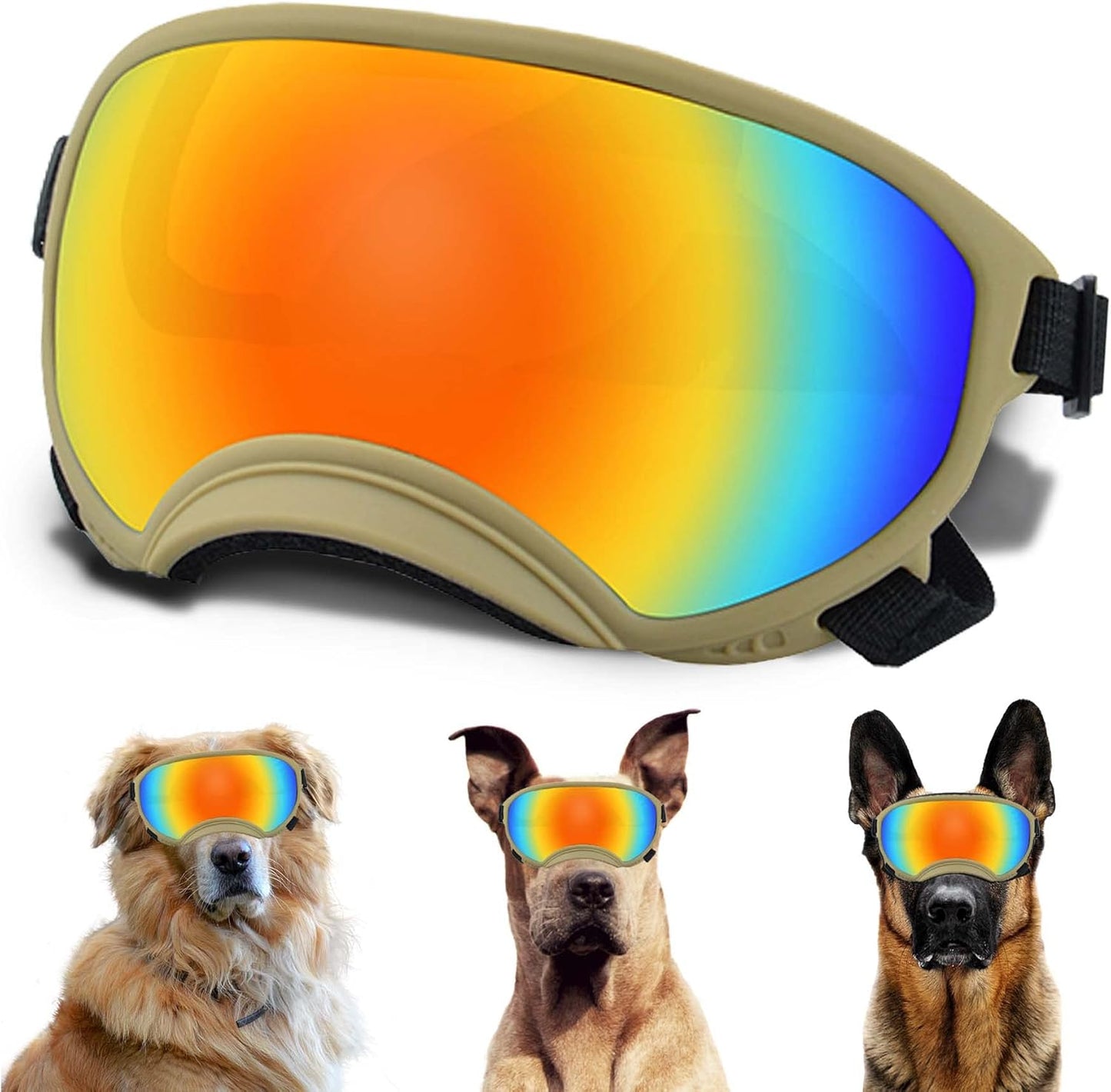 Large Dog Sunglasses with Adjustable Strap UV Protection, Winproof Puppy Sunglasses, Suitable for Medium-Large Pet Glasses, Dogs Eyes Soft Goggles, Khaki Colours - Pet Explorer