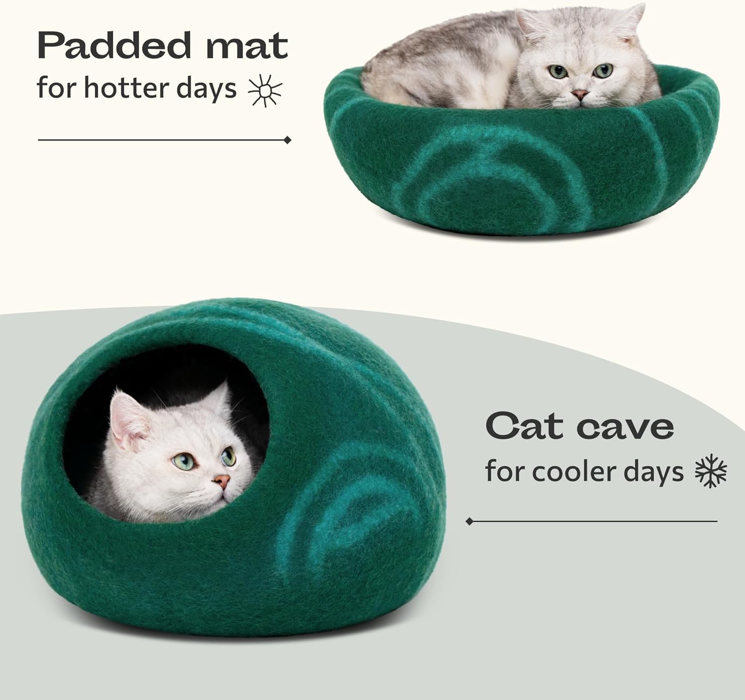 MEOWFIA Cat Cave – Premium Felt Cat Bed for Indoor Cats, Handmade 100% Merino Wool (Medium, Emerald) - Pet Explorer