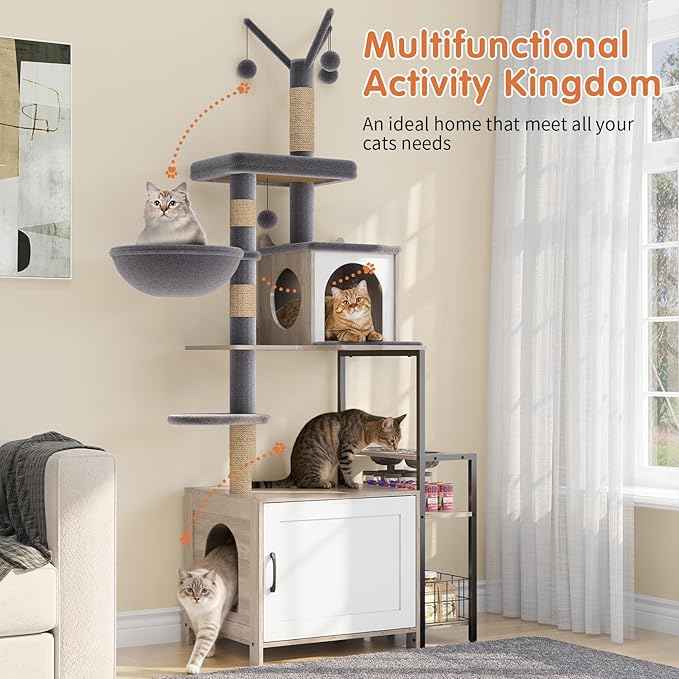 HavenlyYouth Cat Tree with Food Station and Litter Box Enclosure, Multi-Level Cat Tree Tower with Sisal Scratch Posts for Playtime, Plush Hammock in Gray for Cozy