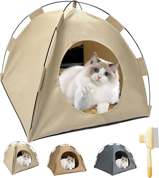 BreezyDen Pop-Up Pet Tent – Portable Hideaway for Cats & Small Dogs, Portable Indoor/Outdoor Pet Tent House with Mesh Window, Waterproof, Breathable, Scratch-Resistant, Fully Washable (Beige,L) - Pet Explorer