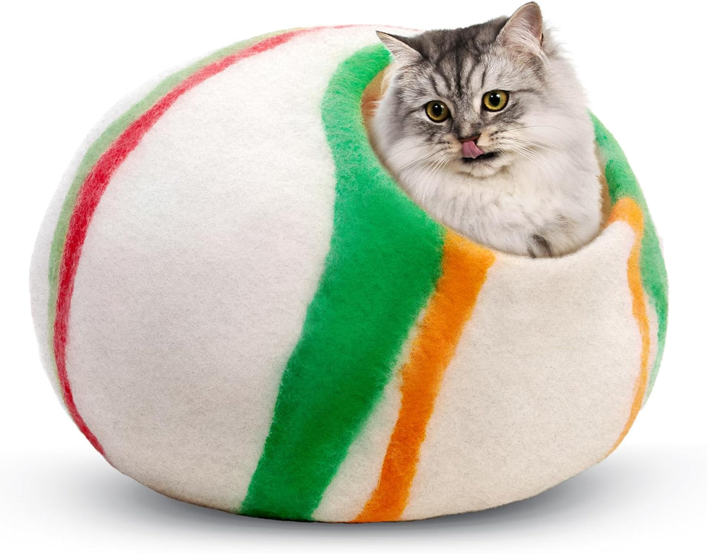 Woolygon Premium Felt Cat Cave Bed – Wool Kitty Beds Handcrafted Kitten Caves Bed for Indoor Cats - Made from 100% Eco-Friendly Merino Wool, Foldable Cat Hidewawy Covered Cat House Pod (Candy Swirl) - Pet Explorer