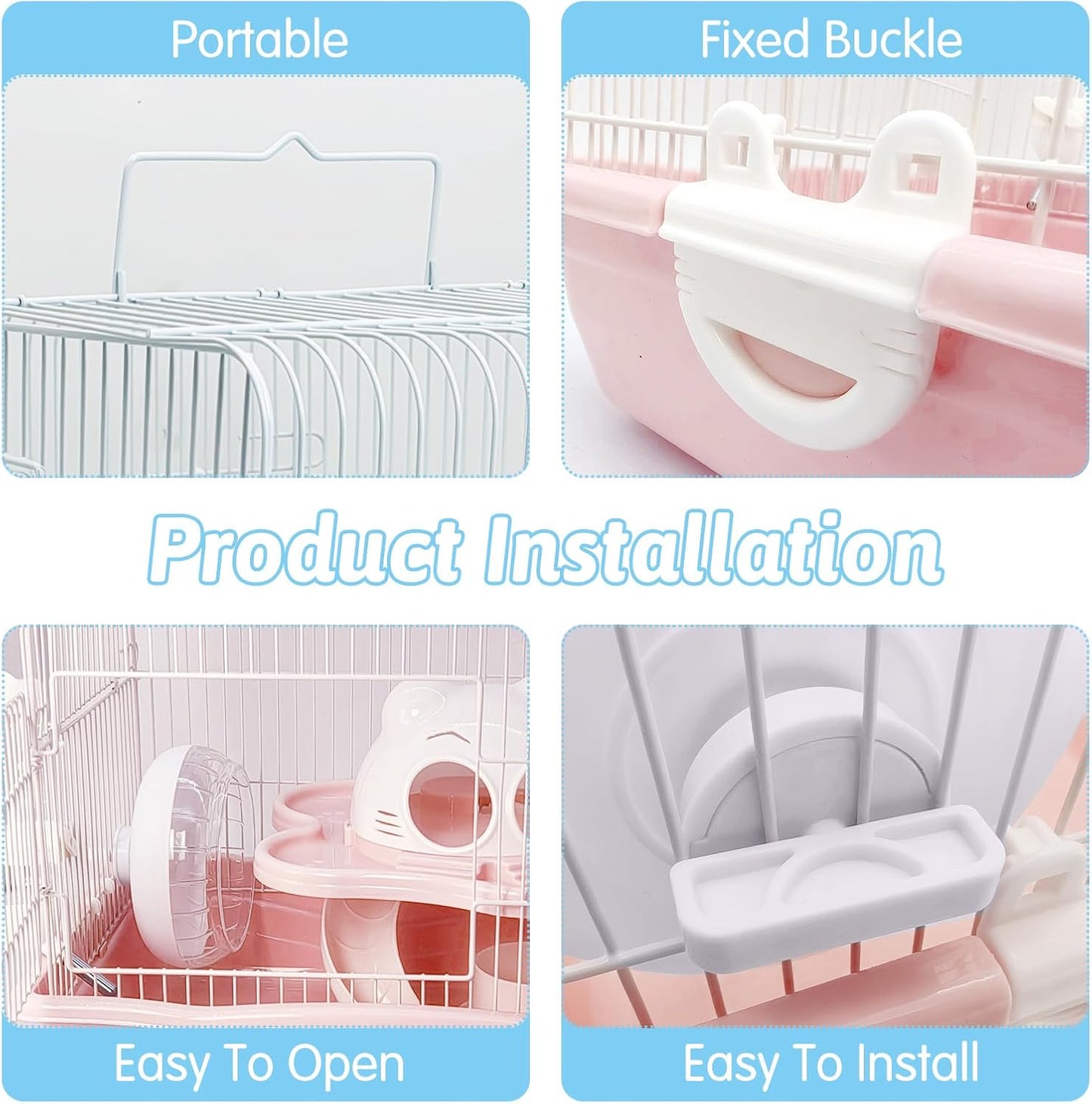 PINVNBY Dwarf Hamster Cage, Small Animal Cages, 2-Tier Travel Portable Mouse Cage Hamster Carrier with Castle House Running Exercise Wheels, Water Bottle and Food Dis（Pink） - Pet Explorer