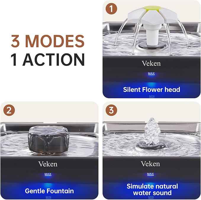 Veken Small Pet-Friendly Cat Water Fountain with Stainless Steel Lid & Quiet Pump, Easy to Clean & Assemble, 50oz Mini Pet Water Dispenser with 4 Replacement Filters & 4 Pre-Filter Sponges, Silver