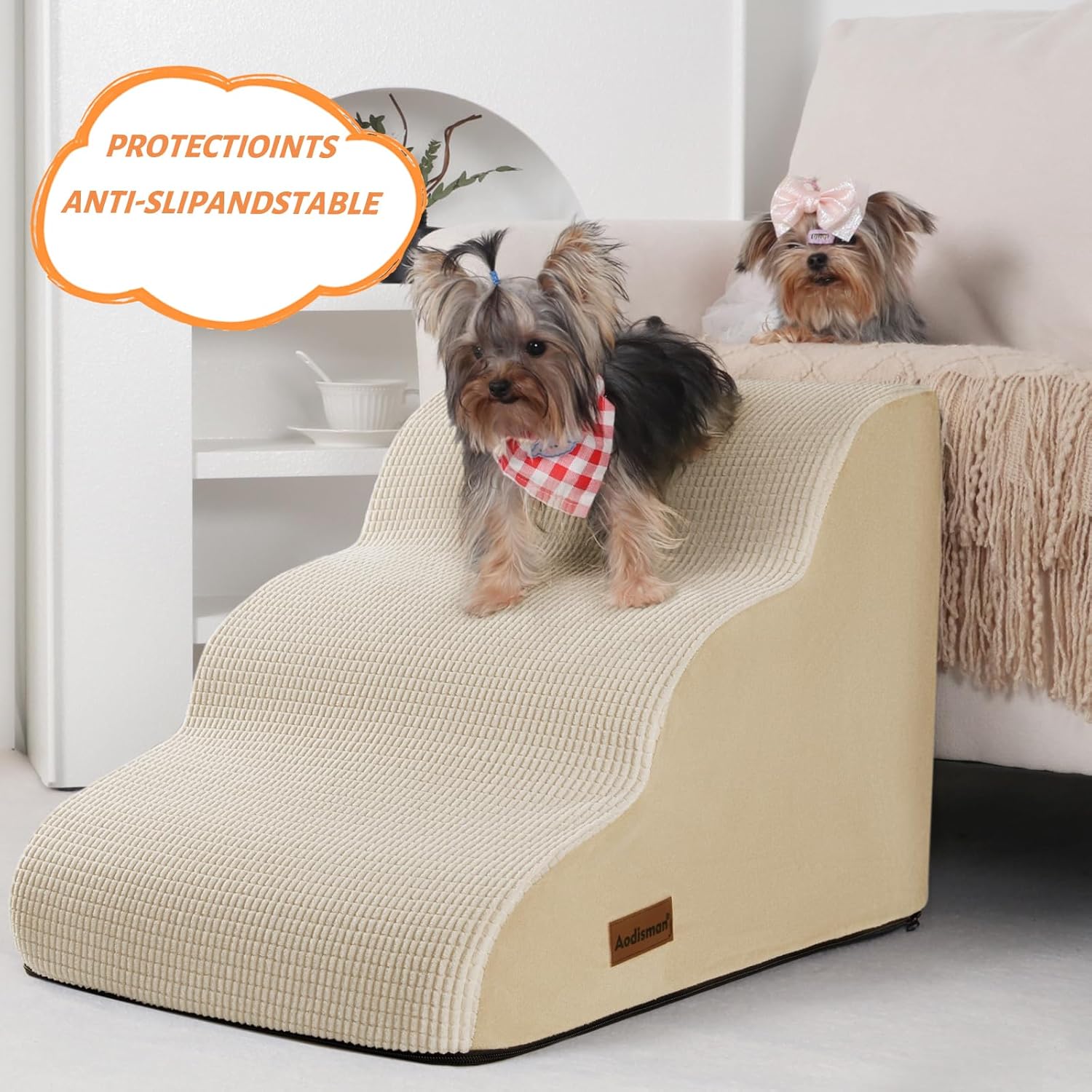 3-Step Dog Ramp and Stairs for Sofa and Chair - Non-Slip Sturdy Pet Steps for Small Dogs and Cats,15.7" H,Beige - Pet Explorer