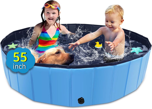 Foldable Dog Pool, 55" x 12" Kiddie Pool with Hard Plastic, Non-Slip Dog Bath Tub for Outdoor Backyard, Collapsible Dog Swimming Pool for Kids Dogs Pets (Blue) - Pet Explorer