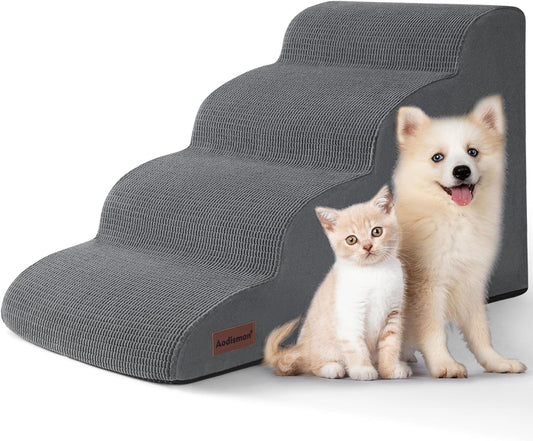 4-Step Dog Stairs and Ramp for Beds or Couches – Non-Slip Sturdy Pet Steps for Small Dogs and Cats,17.4" H,Grey - Pet Explorer