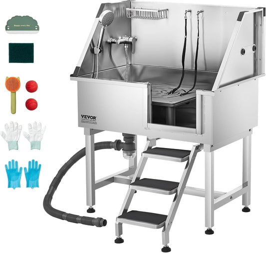 VEVOR Stainless Steel Dog Washing Station, 38 inch Pet Grooming Tub w/Storage Stairs, Faucet & Showerhead & Soap Holder Dog Bathtub for Medium & Small Pets (Right Door) - Pet Explorer