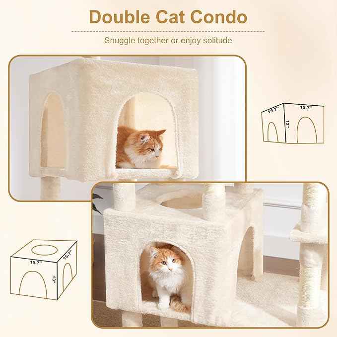 Heybly Cat Tree, 76-Inch Tall Heavy Duty Cat Tower for Big Cats with Extra Wide Baseboard, Multi-Level Large Cat Furniture with 2 Condos & 2 Hammocks, 10 Scratching Posts, Beige HCT039M