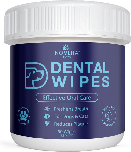 NOVEHA Pets Dental Finger Wipes for Dogs & Cats | Freshens Breath, Reduces Plaque | Healthier Gums | Clean Teeth No Toothbrush | Vet Recommended Effective Natural Oral Care (50 pcs, Flavor-Free) - Pet Explorer