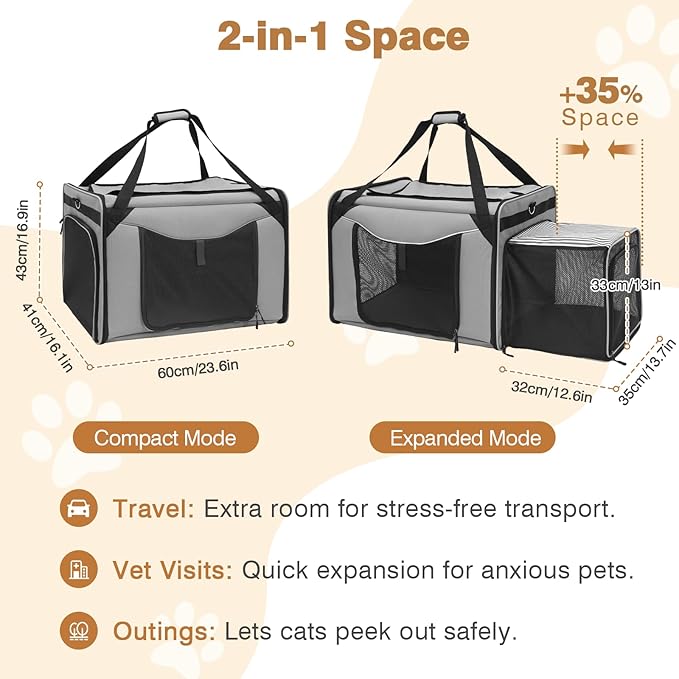 Large Cat Carrier for 2 Cats, 24"x16"x17" Soft Cat Travel Carrier with Litter Box, Expandable Cat Carrier for Car Travel Long Distance, Up to 55 lbs