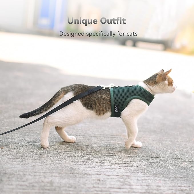 Cat Harness and Leash for Walking Escape Proof Breathable Mesh Fabric, Solid Green, Medium, Adjustable Cat Walking Jackets, Padded Stylish Cat Vest