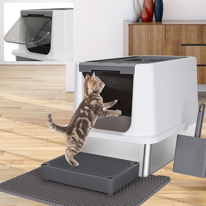 RIZZARI Large Cat Litter Box: Dark Gray Semi-Enclosed Stainless Steel Litter Box with Raised Edges - Anti-Leakage Odorless - Litter Pan for Small to Large Sized Cats in Bedroom Living Room