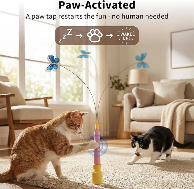 Interactive Cat Toys for Indoor Cats, Automatic Cat Wand Toy Enrichment for Bored Kitten, Spin Butterfly with Self-Holding Suction Base, Rechargeable Electric Moving Feather Stimulating Toy