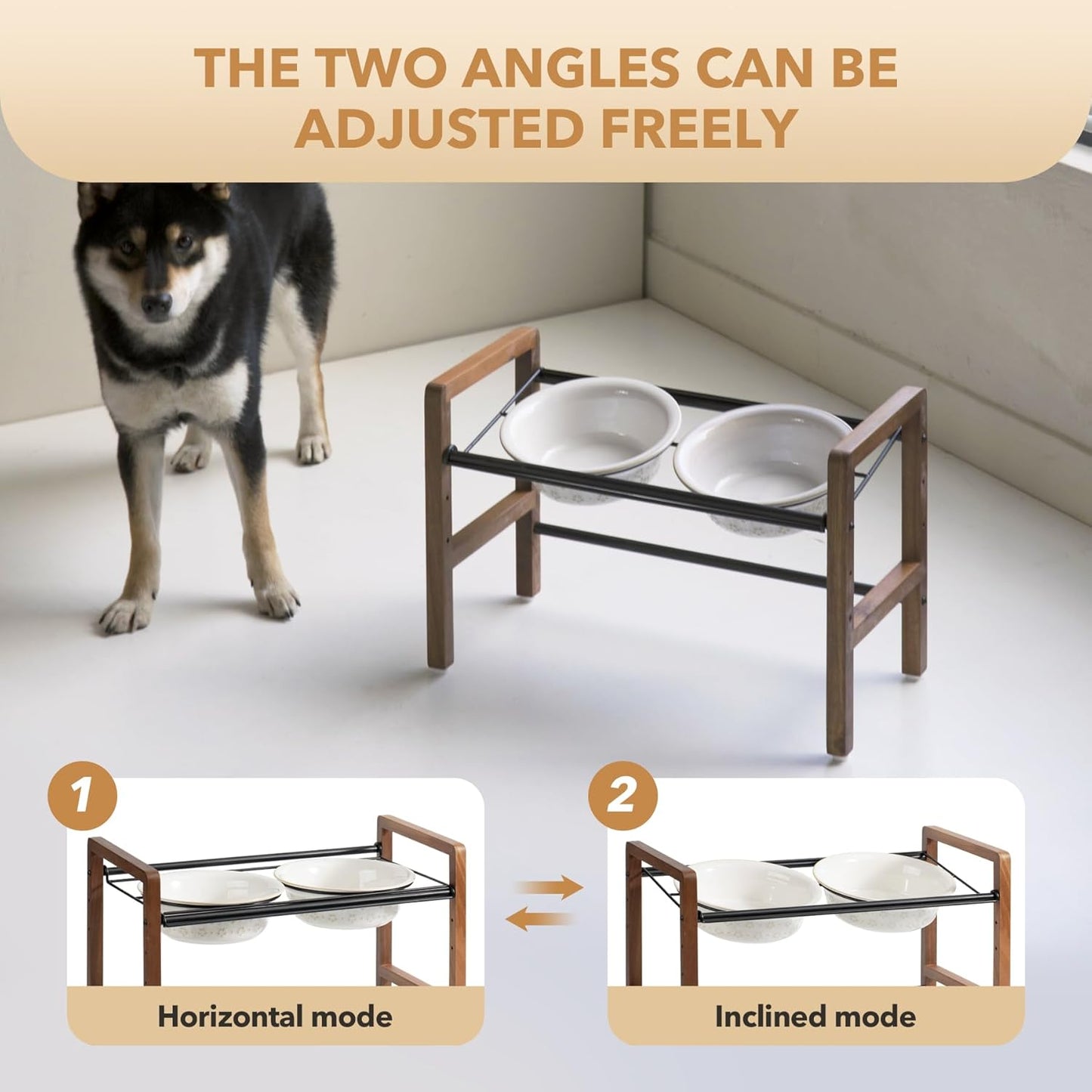 7.1inch Ceramic Adjustable Raised Double Bowls Set with Stand, 3 Heights Elevated, 2 Placement Options,Food and Water Bowls for Medium and Large Dog(Reactived Glaze -White) - Pet Explorer