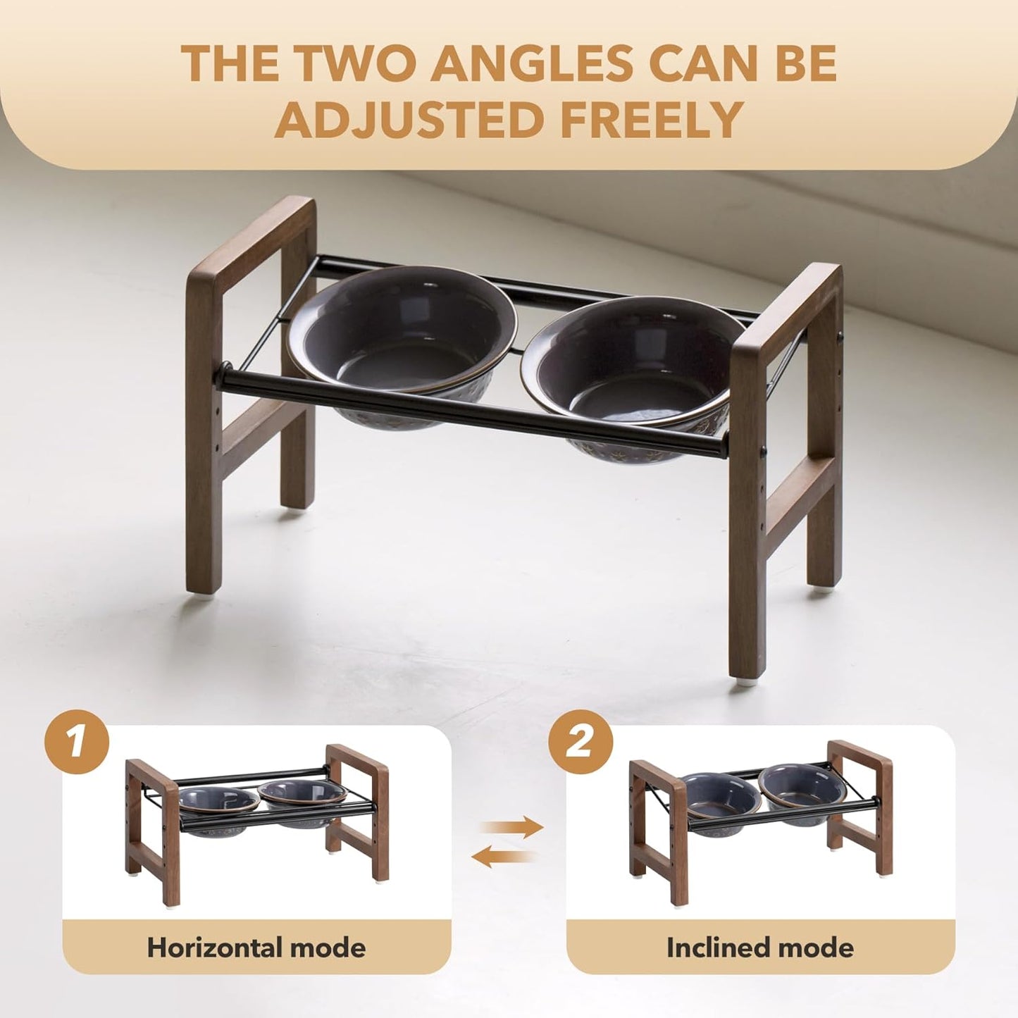 6.3inch Ceramic Adjustable Raised Double Bowls Set with Stand, 3 Heights Elevated, 2 Placement Options,Food and Water Bowls for Adult Cat Small and Medium Dog(Reactived Glaze -Grey) - Pet Explorer