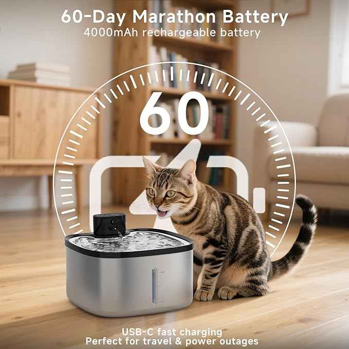 Wireless Cat Water Fountain Stainless Steel, 118oz/3.5L Cordless Automatic Pet Water Dispenser for Cats Indoor, with Motion Sensor, Ultra Quiet Pump, Rechargeable & Multi-Filtration-8Filters