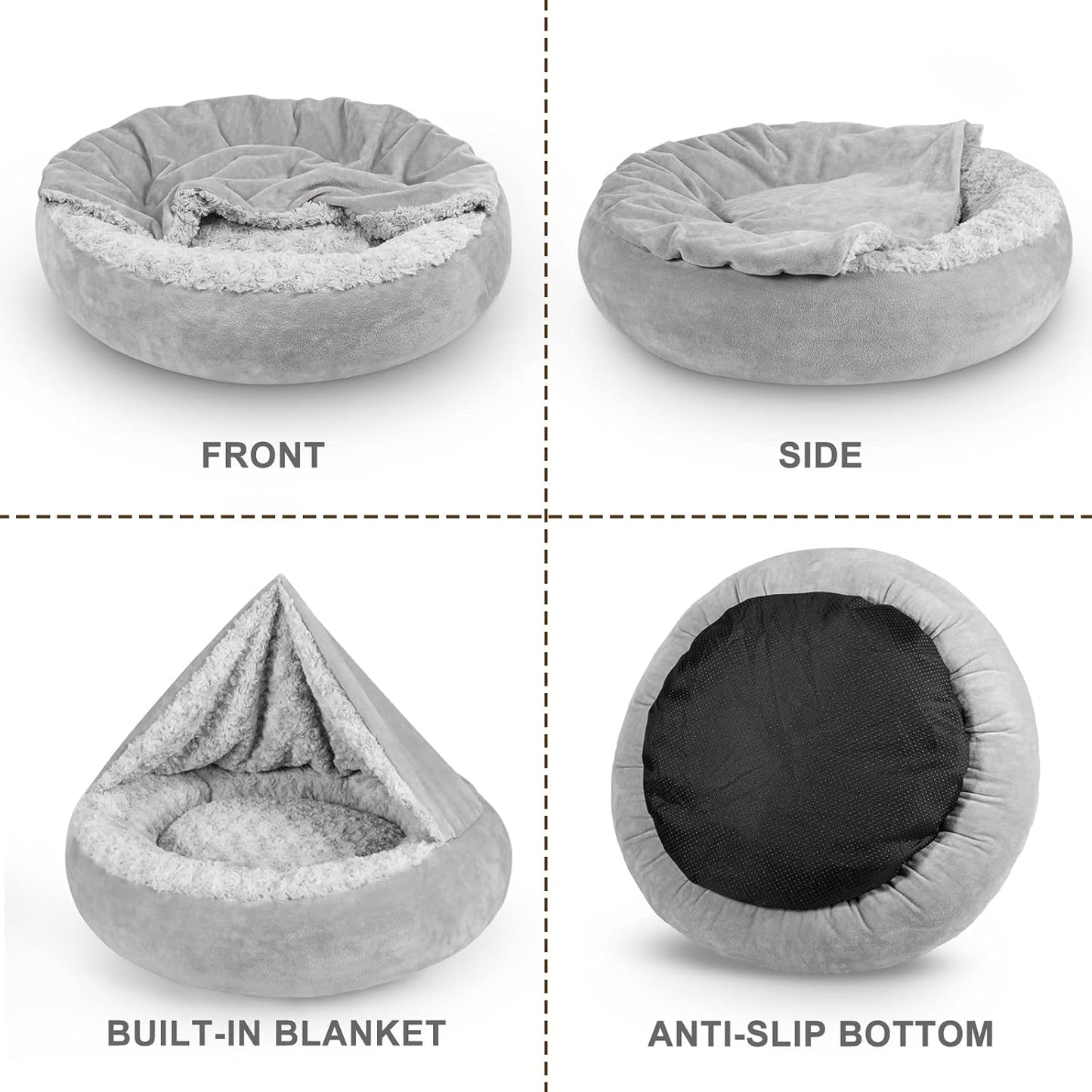 JOEJOY Small Dog Bed Cat Bed with Hooded Blanket, Cozy Cuddler Luxury Puppy Pet Bed, Donut Round Calming Anti-Anxiety Dog Burrow Cave Bed - Anti-Slip Bottom and Machine Washable 23 inch - Pet Explorer
