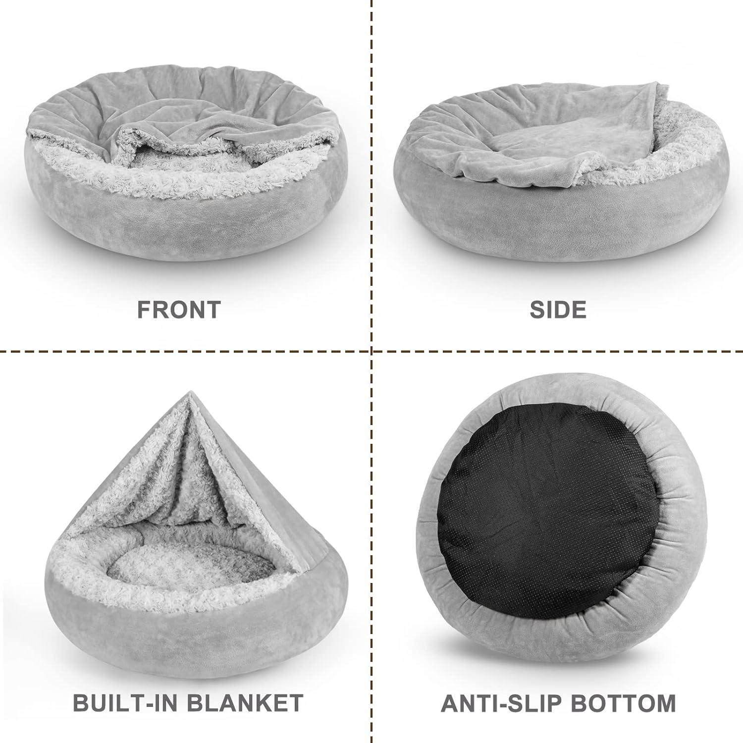 JOEJOY Small Dog Bed Cat Bed with Hooded Blanket, Cozy Cuddler Luxury Puppy Pet Bed, Donut Round Calming Anti-Anxiety Dog Burrow Cave Bed - Anti-Slip Bottom and Machine Washable 23 inch - Pet Explorer