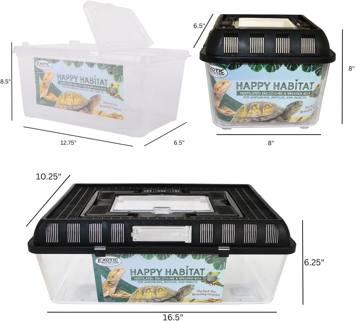 Happy Habitat (Medium - 2 Pack)- Ventilated Enclosure & Breeder Box - for Live Feeder Insects, Reptiles, Amphibians & Other Small Pets - Durable Plastic Portable Terrarium - Pet Explorer