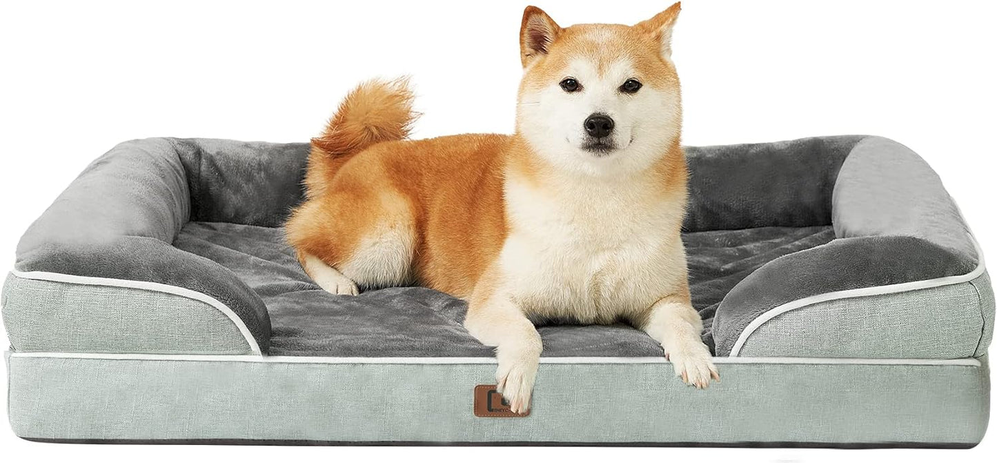 EHEYCIGA Orthopedic Dog Beds for Large Dogs, Waterproof Memory Foam Large Pet Bed with Sides, Non-Slip Bottom and Egg-Crate Foam Dog Couch Bed with Washable Removable Cover, Greyish Green