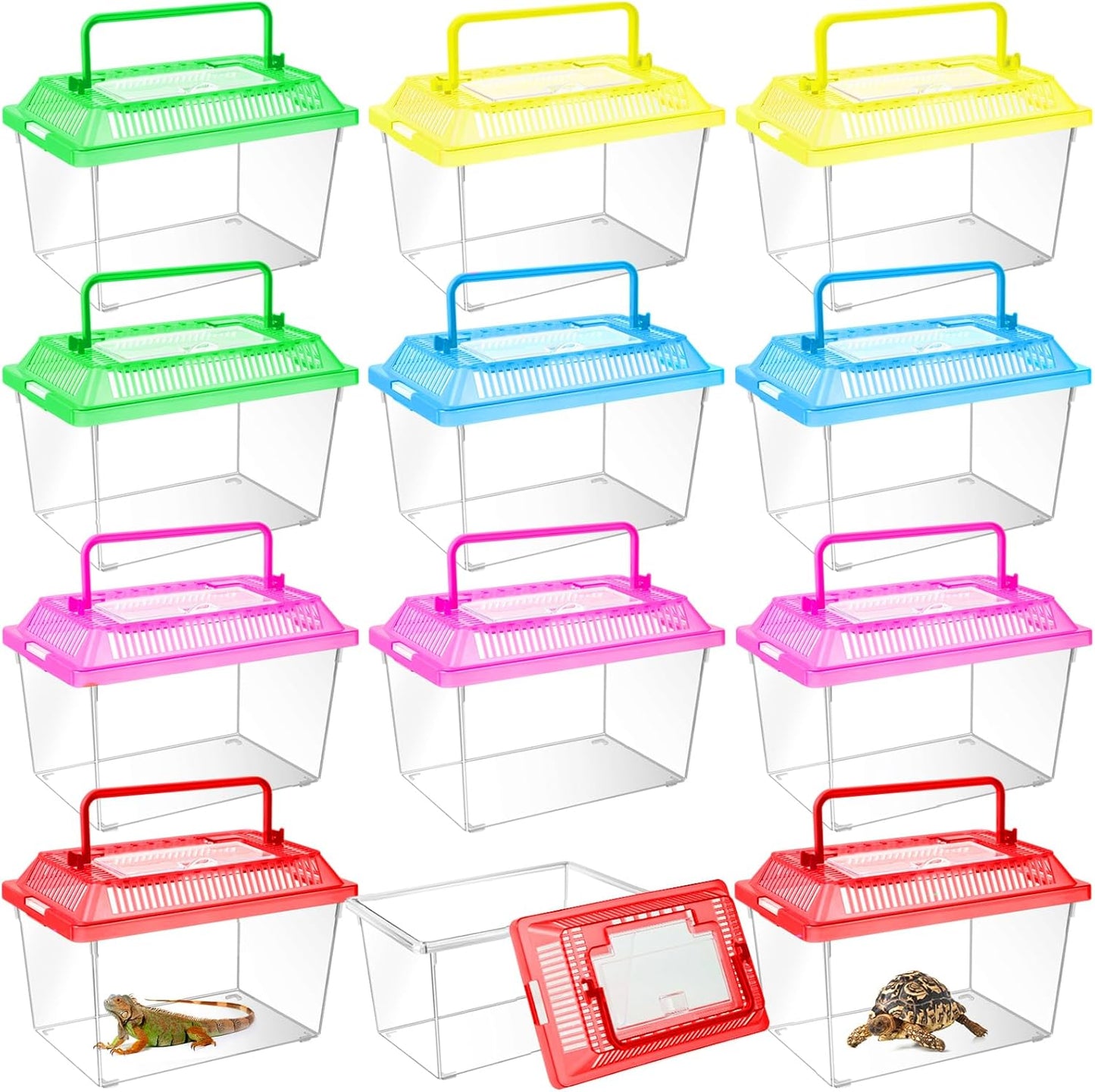 12Pcs Plastic Reptile Terrariums Carrier Cage, Tarantula Enclosure Breeding Box Hatching Container Transparent Fish Tank Turtle Aquarium with Random Color Lid for Hermit Crab, M(7" x 4.3" x 4.3") - Pet Explorer