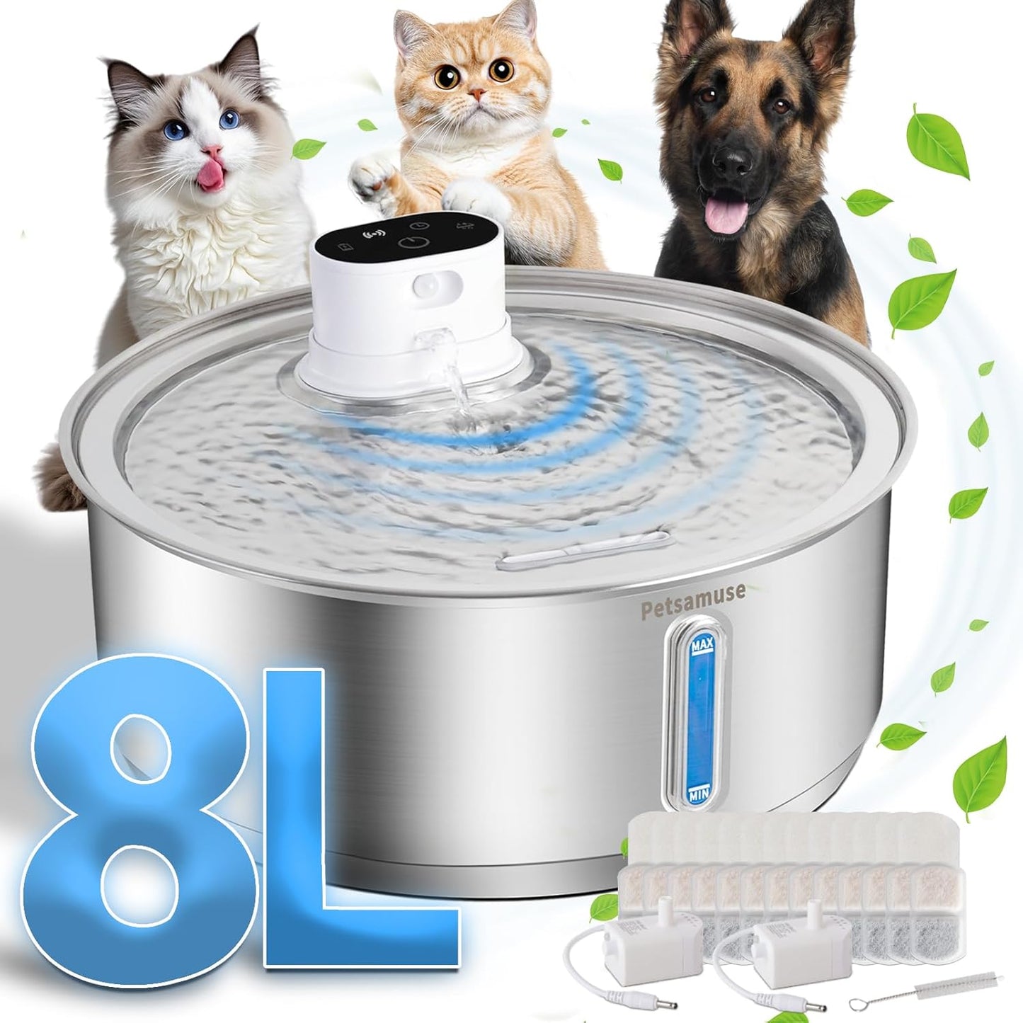 Stainless Steel Dog Water Fountain, 2.1Gal/8L Wireless Battery Operated Large Dog Water Bowl Dispenser Motion Sensor Water Fountain Dog Bowl Inside with 13 Filters and 2 Ultra Quiet Pumps - Pet Explorer