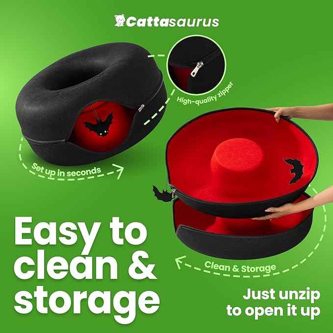 Cattasaurus Unique Gothic Peekaboo Cat Cave for Multiple & Large Cats Up to 30-45 Lbs, Scratch Detachable & Washable Tunnel Bed, Comfy Donut Cat Cave (Gothic Bat, Large)