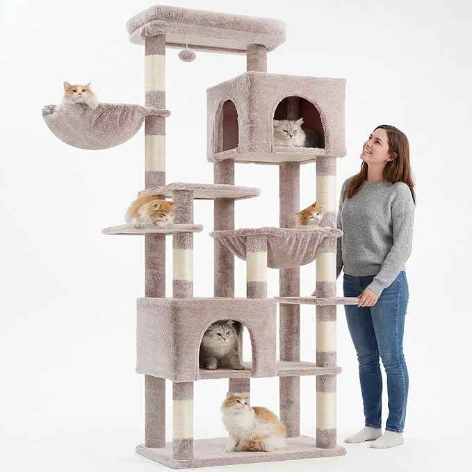 Heybly Cat Tree, 76-Inch Tall Heavy Duty Cat Tower for Big Cats with Extra Wide Baseboard, Multi-Level Large Cat Furniture with 2 Condos & 2 Hammocks, 10 Scratching Posts, Muchroom HCT039MU