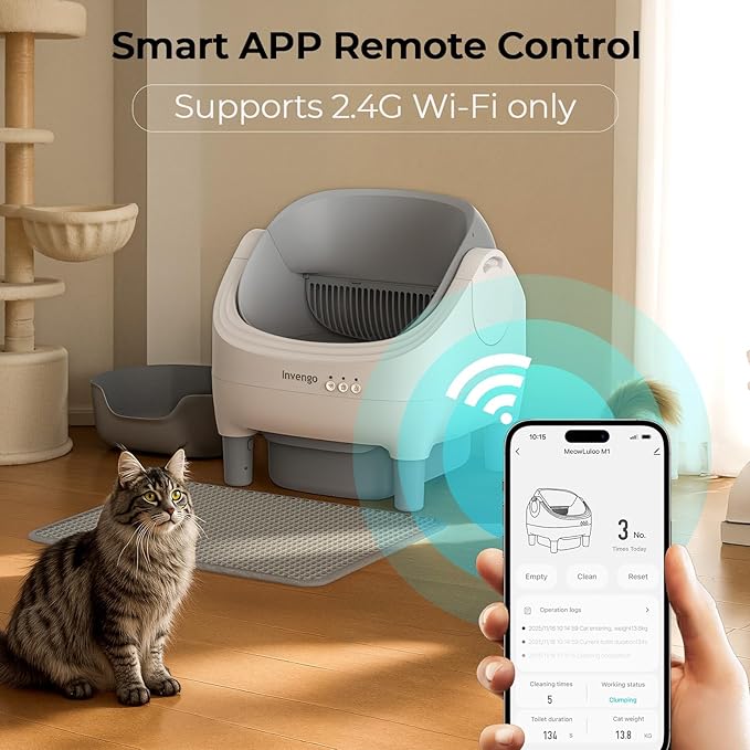 Automatic Cat Litter Box Self Cleaning, App Control, Open-Top Automatic Litter Box with Safety Sensors, Ultra-Quiet, 10L Waste Bin with Odor Control, 2 Rolls of Garbage Bags, LightGrey