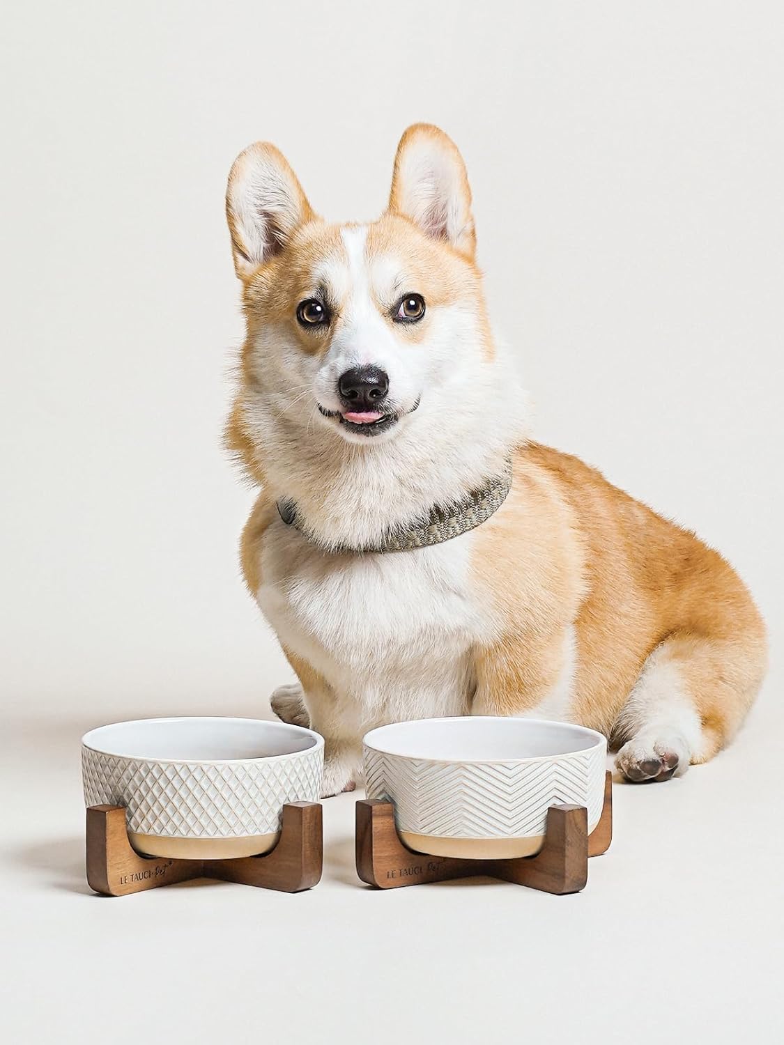 Ceramic Dog Bowl Set, 4 Cups Food and Water Bowl for Medium Small Dogs, Cute Pet Dishes with Wood Stand, Rhombus+Wave Design (Set of 2) - Pet Explorer