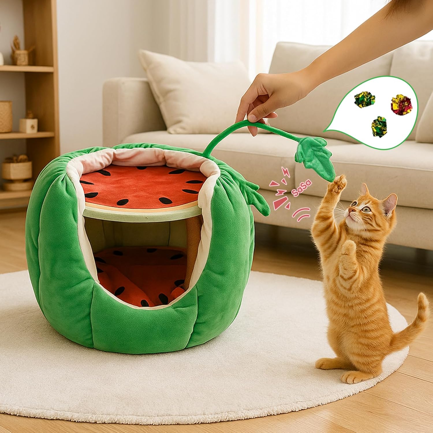 Cat Houses for Indoor Cats, Small Cat Tree with Sisal Ropes and Plush Perch, Cute Cat Bed Cave with Soft Pillow, Watermelon Design - Pet Explorer