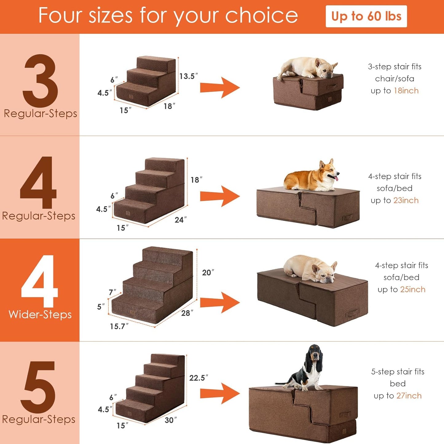 EHEYCIGA Dog Stairs for Bed 20" H, 4-Step Extra Wide Dog Steps for High Bed, Pet Steps for Small Dogs and Cats, Non-Slip Balanced Pet Ramp Indoor, Brown - Pet Explorer