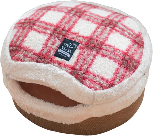 Cat Cave Bed – Plush, Warm & Calming Hideaway with Detachable Lid & Mat, Covered House for Indoor Kitten & Kitty (Redwhite) - Pet Explorer
