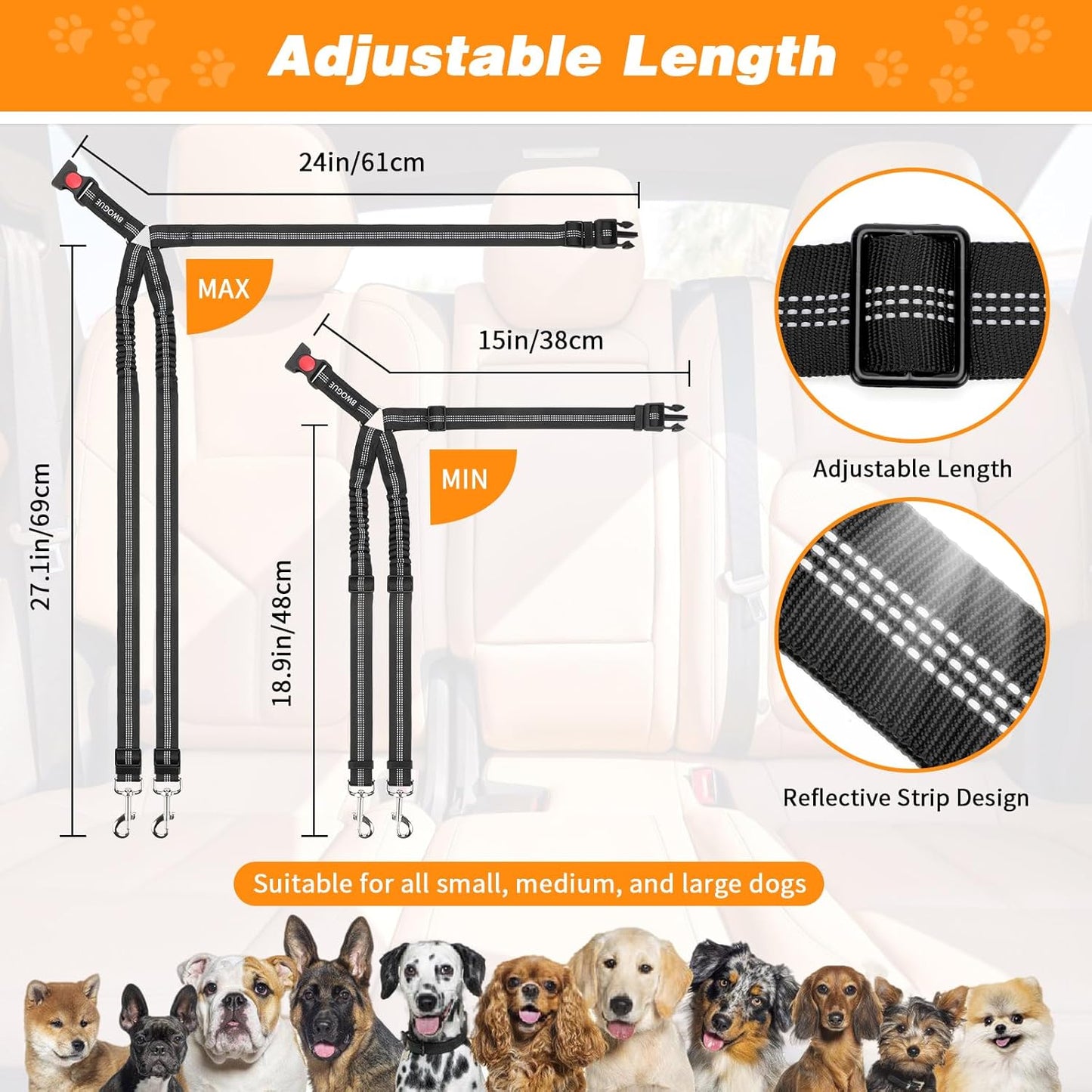BWOGUE Double Dog Cat Seat Belts, Car Headrest Restraint Adjustable Travel Leash,Safety Elastic Leads Splitter Connect Vehicle Seatbelt Harness for 2 Dogs - Pet Explorer