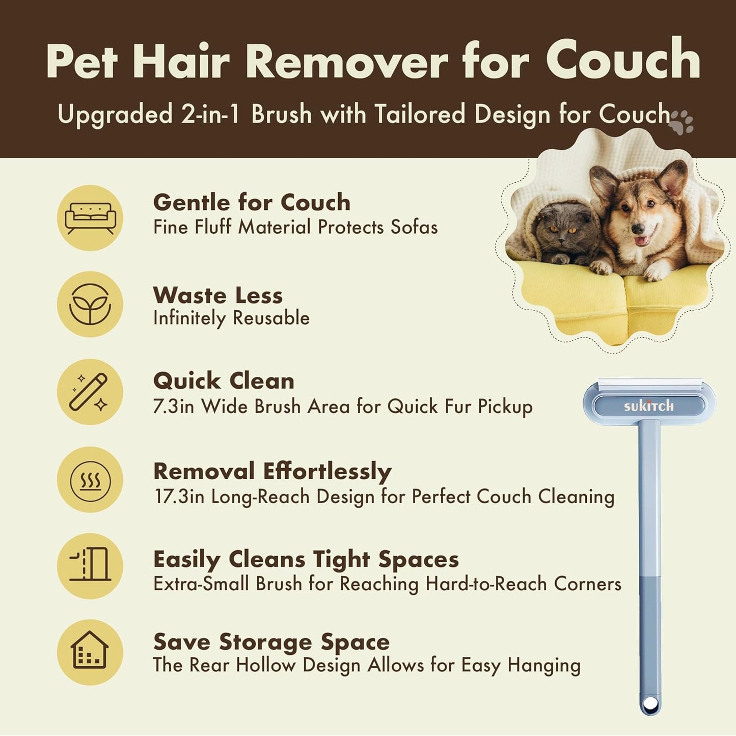 Pet Hair Remover for Couch, Grey, 17.3Inch, Durable, Reusable, Washable Lint Cleaner for Dog and Cat Hair, Gentle on Furniture, Effective on Carpets, Clothing, Bedding - Pet Explorer