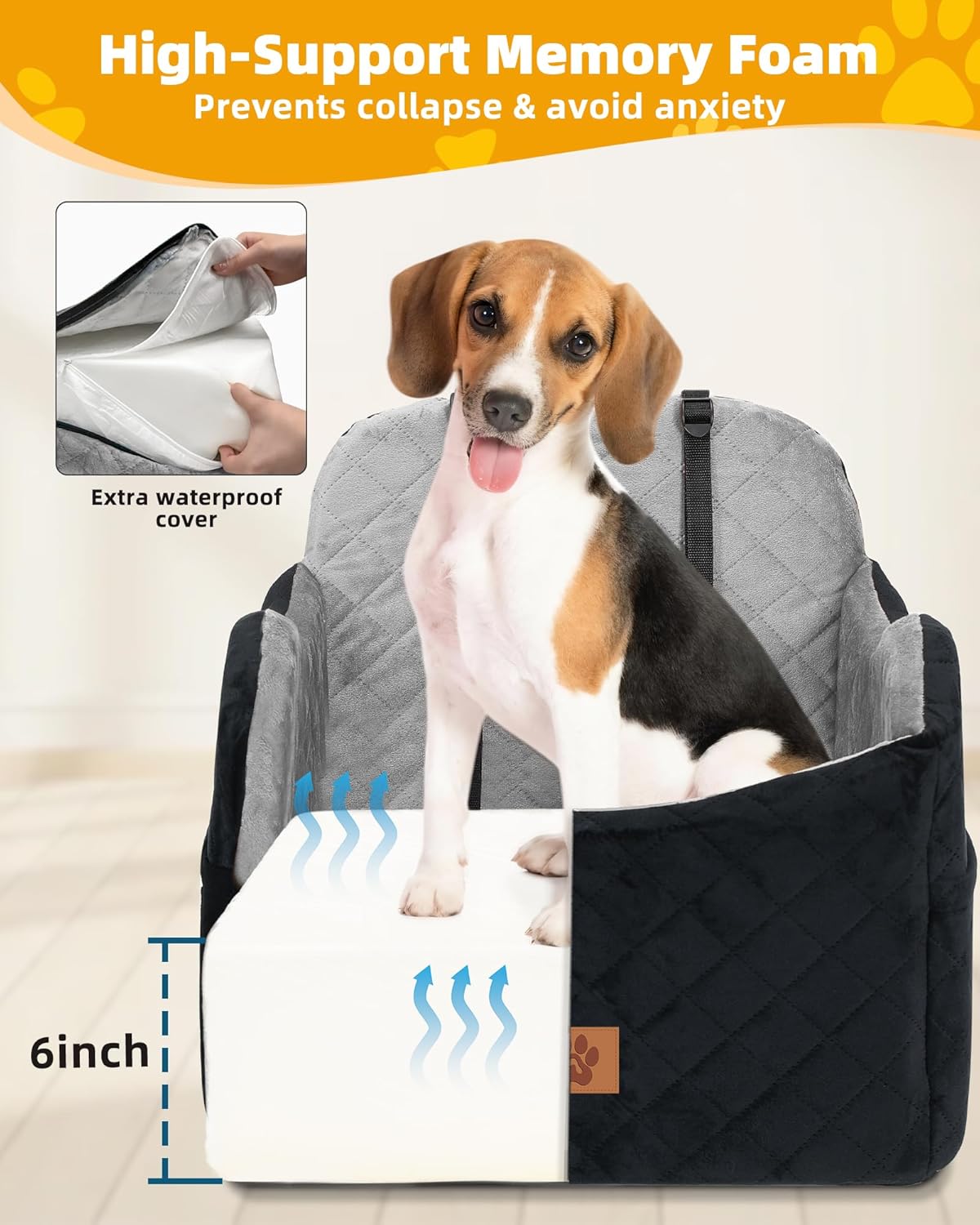 Car Seat Booster for Dog: High-Support Memory Foam Pet Car Seat for Small/Medium Dogs Under 35lbs with Elevated Cushion, Pockets - Detachable Washable Puppy Travel Bed for Driving(Black/Grey) - Pet Explorer