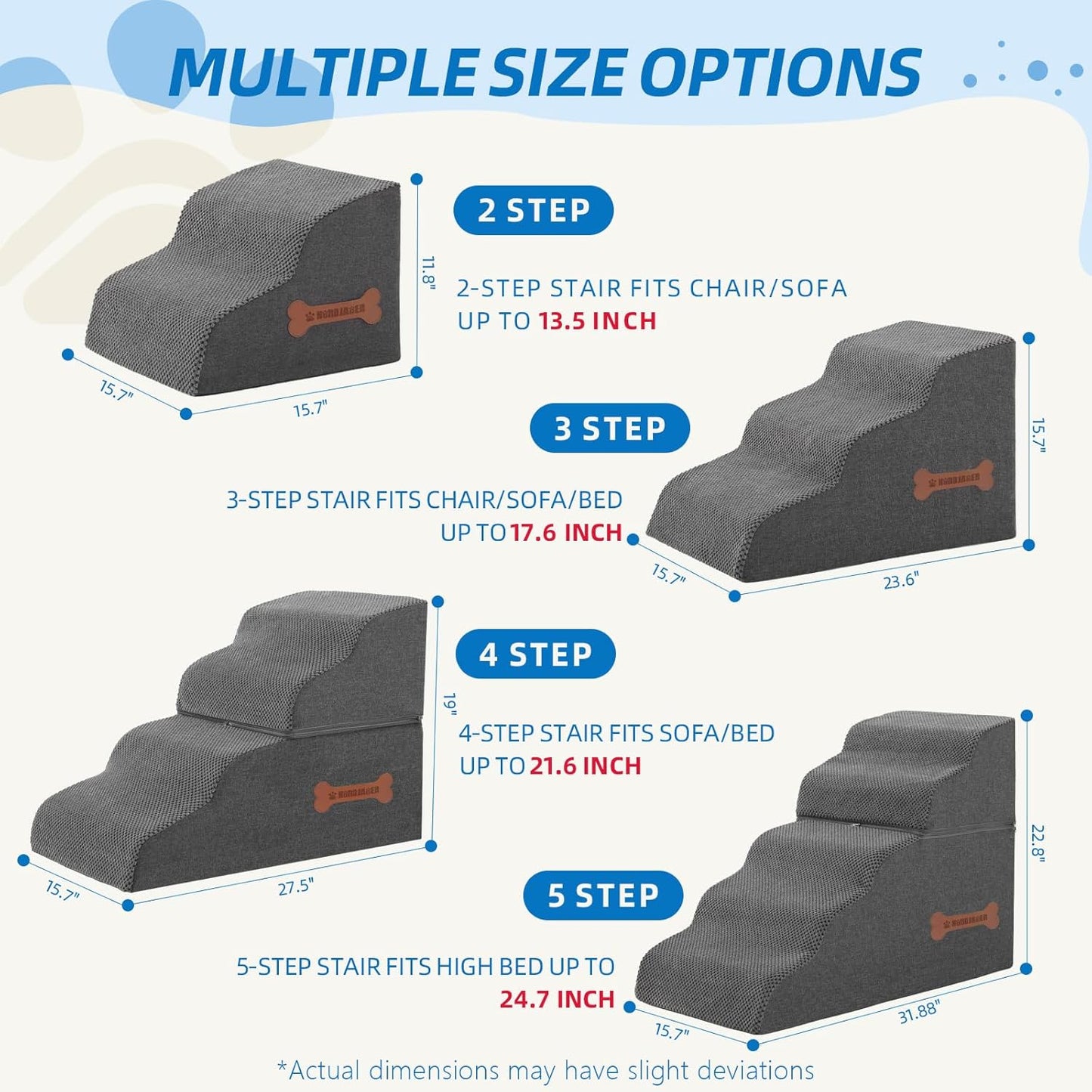 Dog Stairs 3-Step for Small Dogs and Cats to Get on Bed and Furniture/Windows, Pets Can Climb, Sit, or Perch to Look Out Windows, Extra Wide Dog Steps, Non-Slip Waterproof Fabric Cover, Grey（15.7" H） - Pet Explorer
