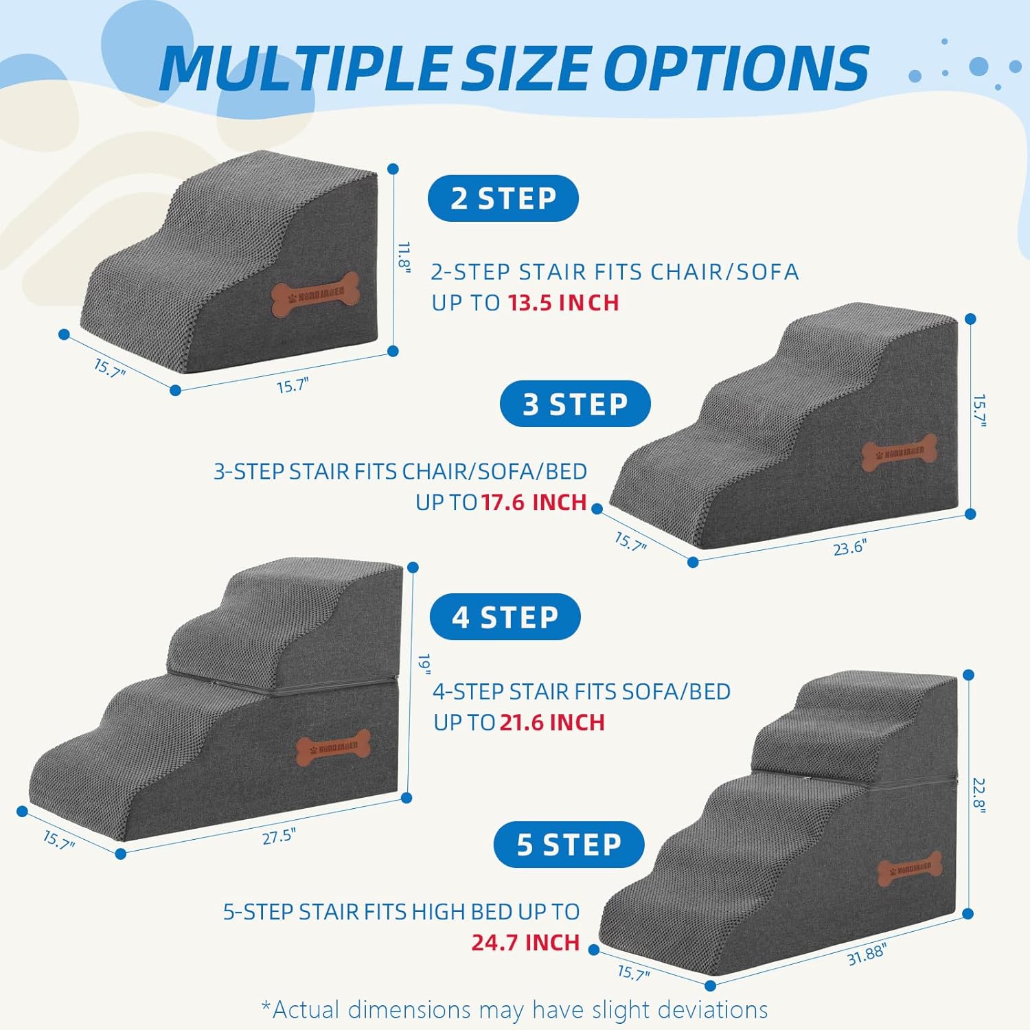 Dog Stairs 3-Step for Small Dogs and Cats to Get on Bed and Furniture/Windows, Pets Can Climb, Sit, or Perch to Look Out Windows, Extra Wide Dog Steps, Non-Slip Waterproof Fabric Cover, Grey（15.7" H） - Pet Explorer