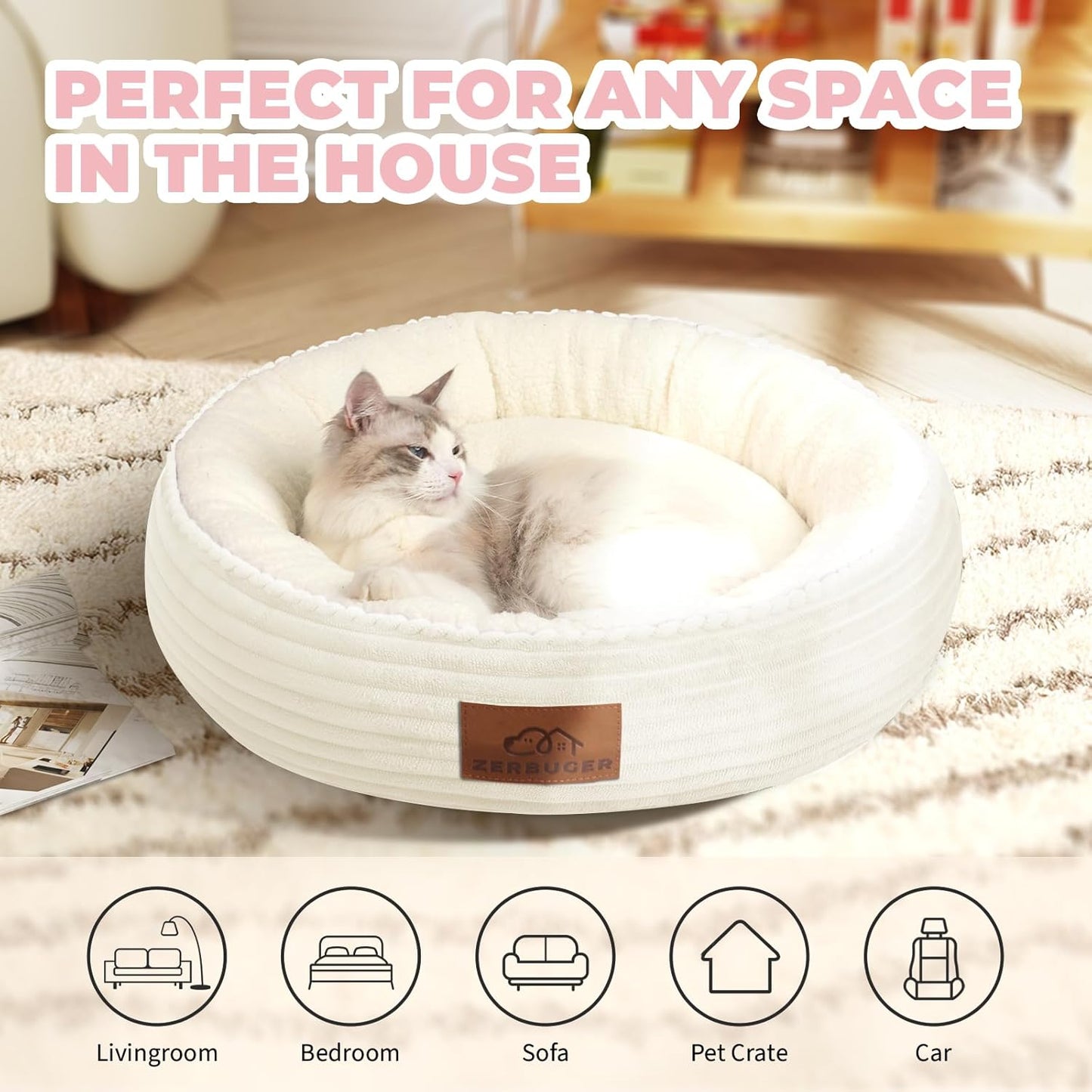 23in Cream Round Cat Dog Bed Gift for Large Medium Small Dogs Cats, Machine Washable Sleeping Sofa, Non-Slip Bottom Breathable Soft Calming Pet Cuddler for Indoor/Outdoor/Car/Cage - Pet Explorer
